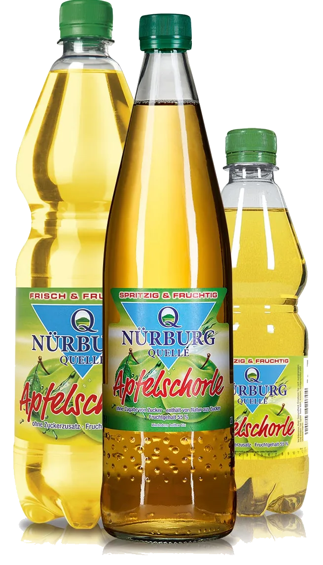 Nürburg Quelle Apfelschorle in der Glas-Mehrwegflasche und in 2 PET-Größen