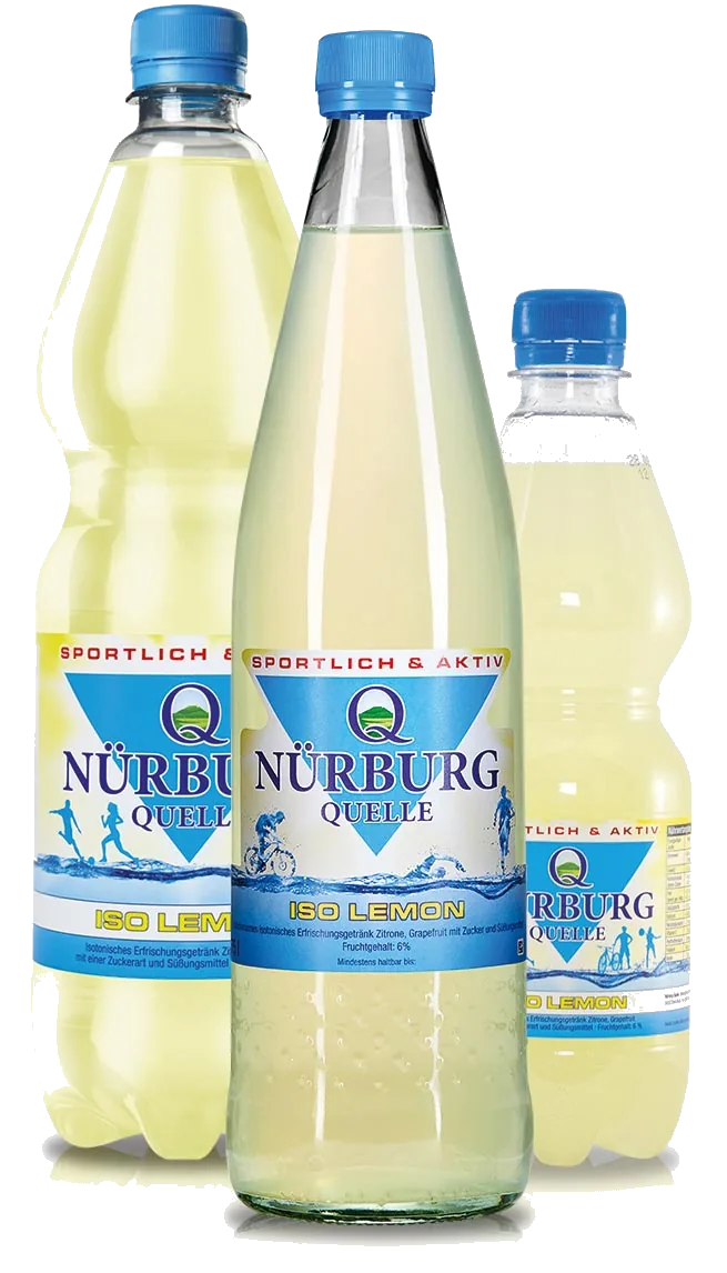 Nürburg Iso Lemon in der Glas-Mehrwegflasche und in 2 PET-Größen