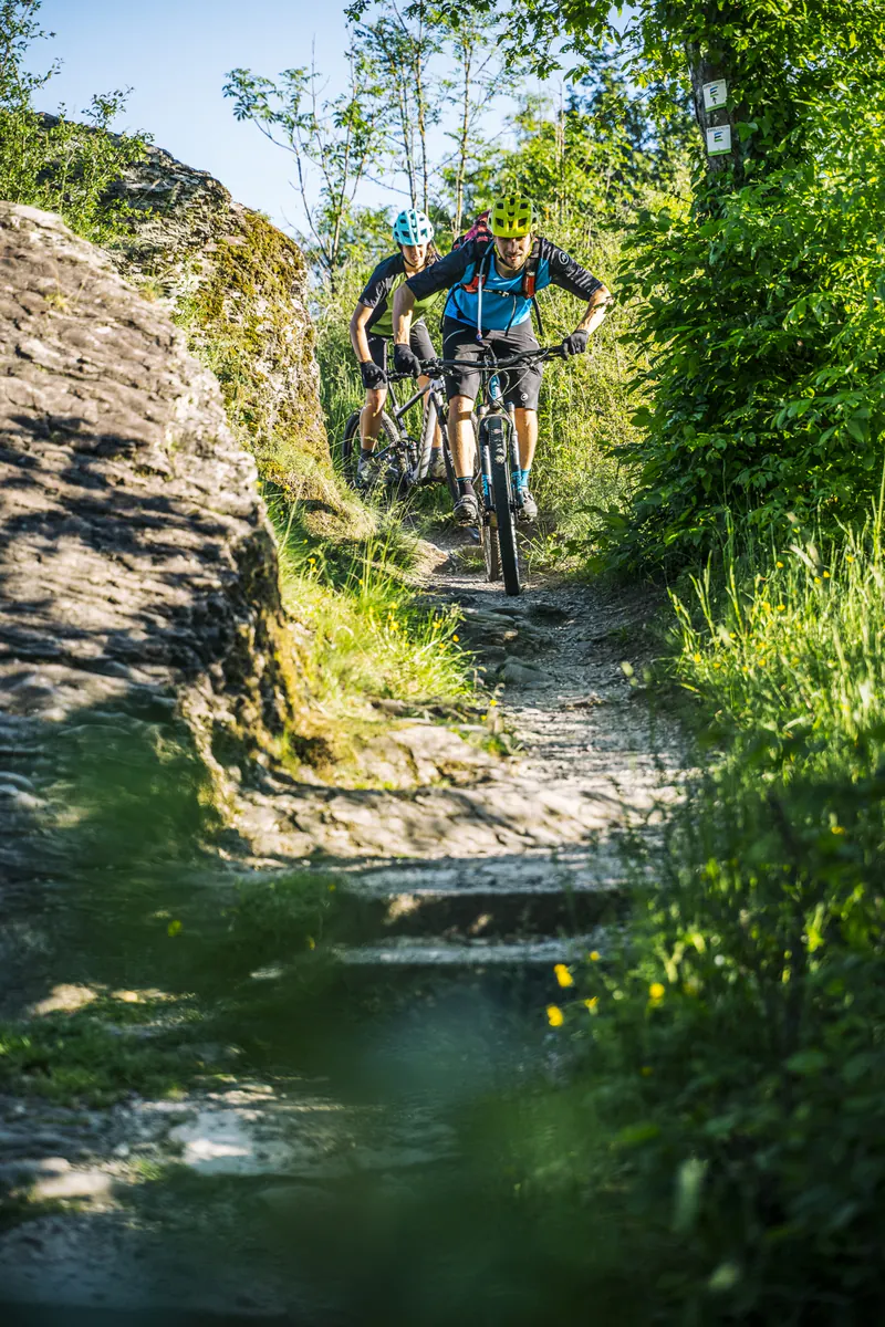 Zwei Mountainbiker fahren einen felsigen Trail des Trailparks Vulkaneifel herunter, rechts am Baum ein Wegweiser