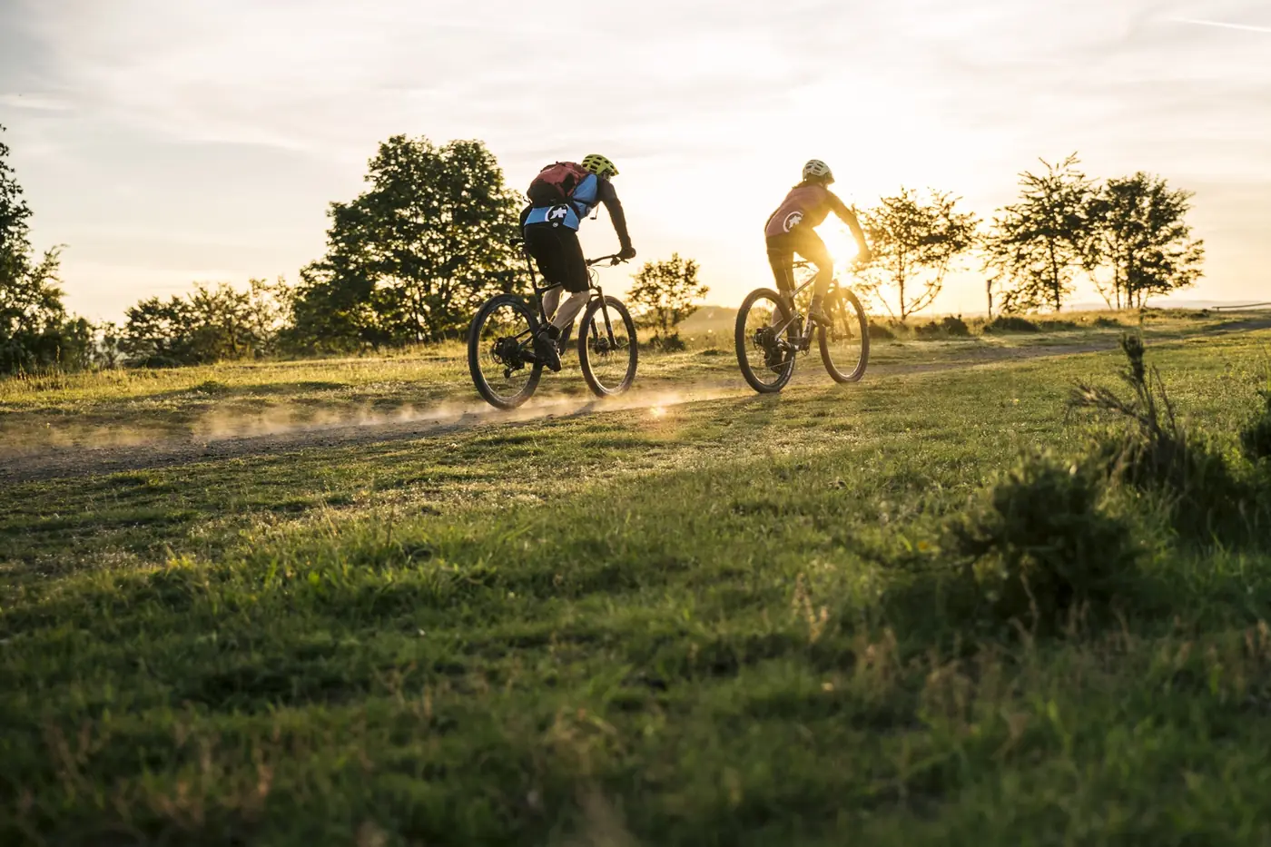 Zwei Mountainbiker im Gegenlicht über eine Wiesenkuppe der Vulkaneifel